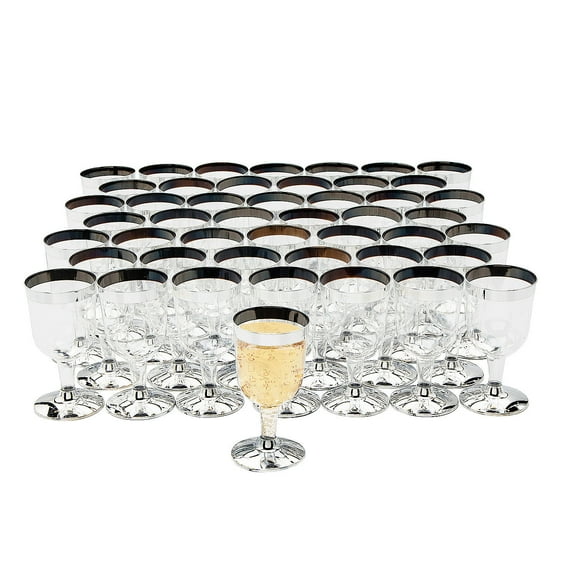 Fun Express Bulk 96 Count Silver Rimmed Mini Plastic Wine Glasses