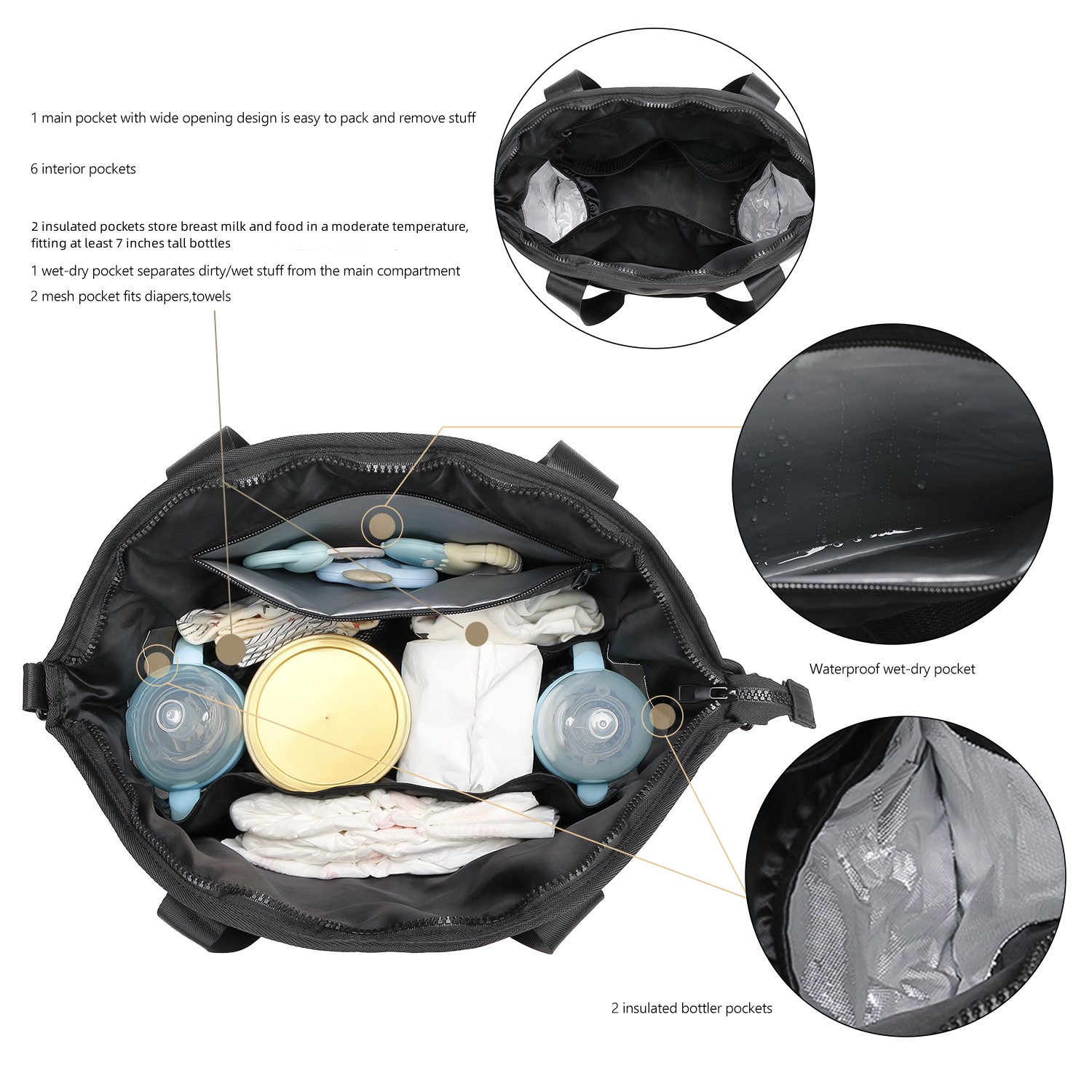 Diaper Bag Tote for Women Stylish Baby Bag Black PU Messengers Bag with Wet Bag,Stroller Hooks