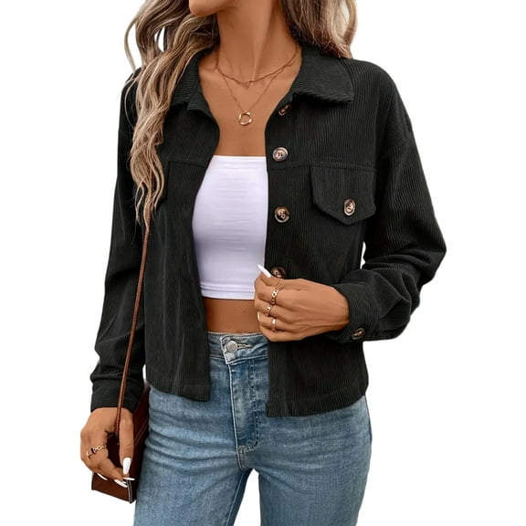 Women Casual Cropped Corduroy Shackets Button Down Jackets Tops Fall Trendy Long Sleeve Shirts Black L