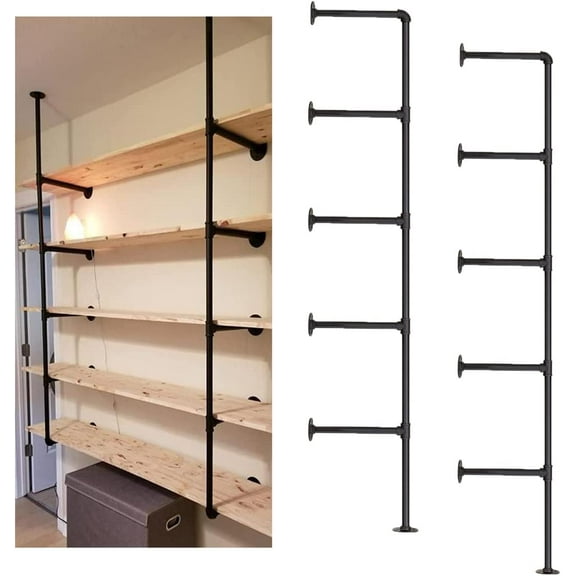2Pcs 5Tier DIY Open Bookshelf Industrial Wall Mount Iron Pipe Ceiling Hung Shelf  Storage for Kitchen