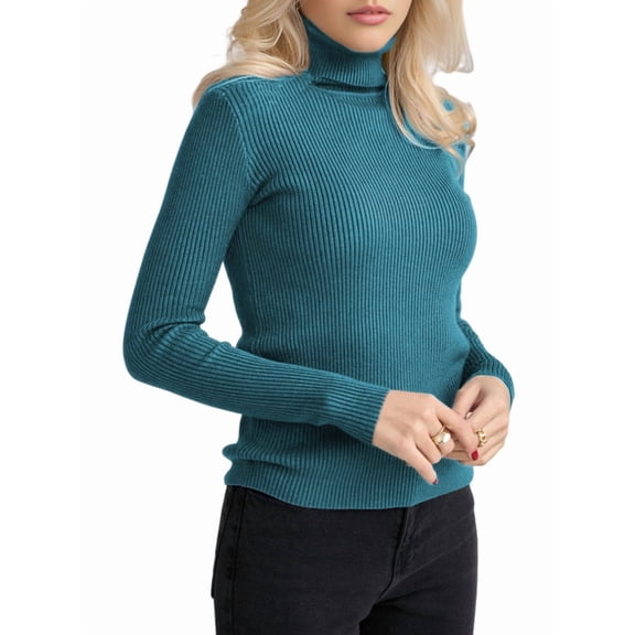 Ribbed Sweaters for Women Cute High Neck Knitted Warm Fitted Sweater Haze Blue One size