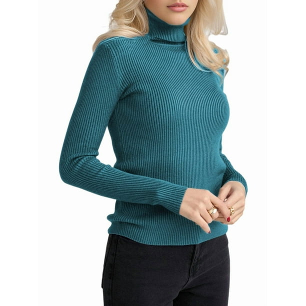 Suéteres Acanalados para Mujer, Lindos Suéteres de Punto de Cuello Alto, Ajustados y Cálidos Azul Neblina un Tamaño