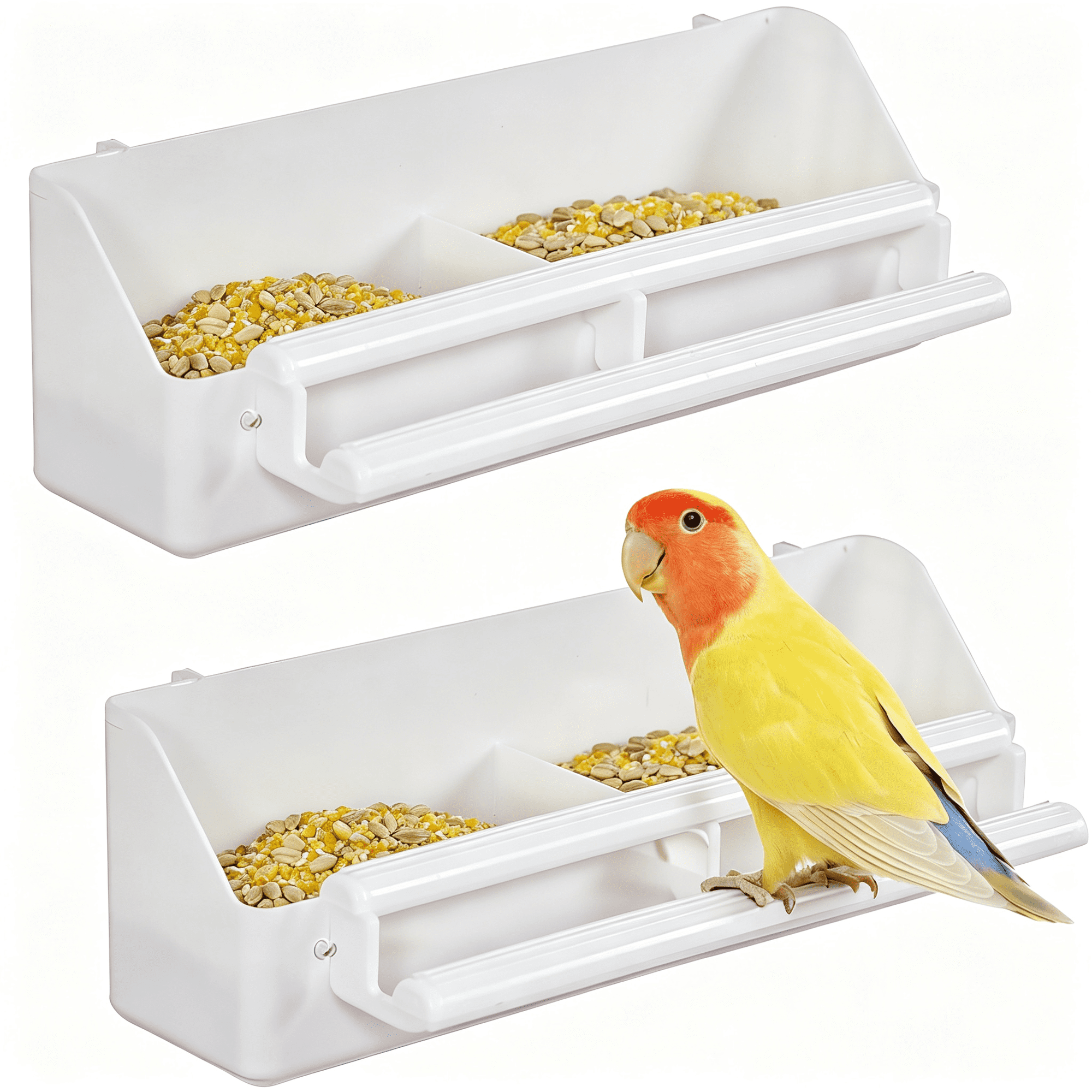 ACDANC 2 Pack Bird Feeder for Cage Hanging Plastic Feeder with Hooks Water Dispenser with Perches for Small Parakeet Cockatiel Canary Parrot Bird Cage Feeder