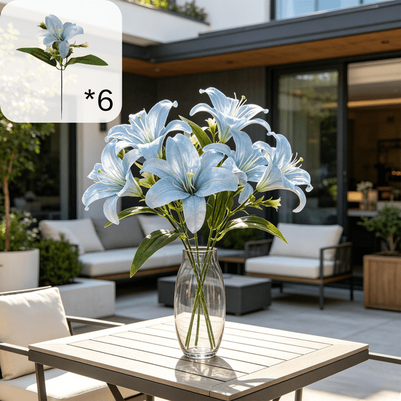 CuiLiyq 6 Pcs Artificial Lily Bouquet, 12.2 Inch Plastic Decorative Flowers Faux Floral for Wedding Home Party Table Centerpiece, Blue