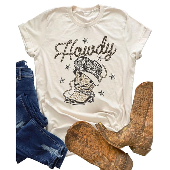 Trendfront Womens Graphic T Shirts Crewneck Short Sleeve Howdy Cowboy Boots Western Graphic Country Music Casual Tee Tops