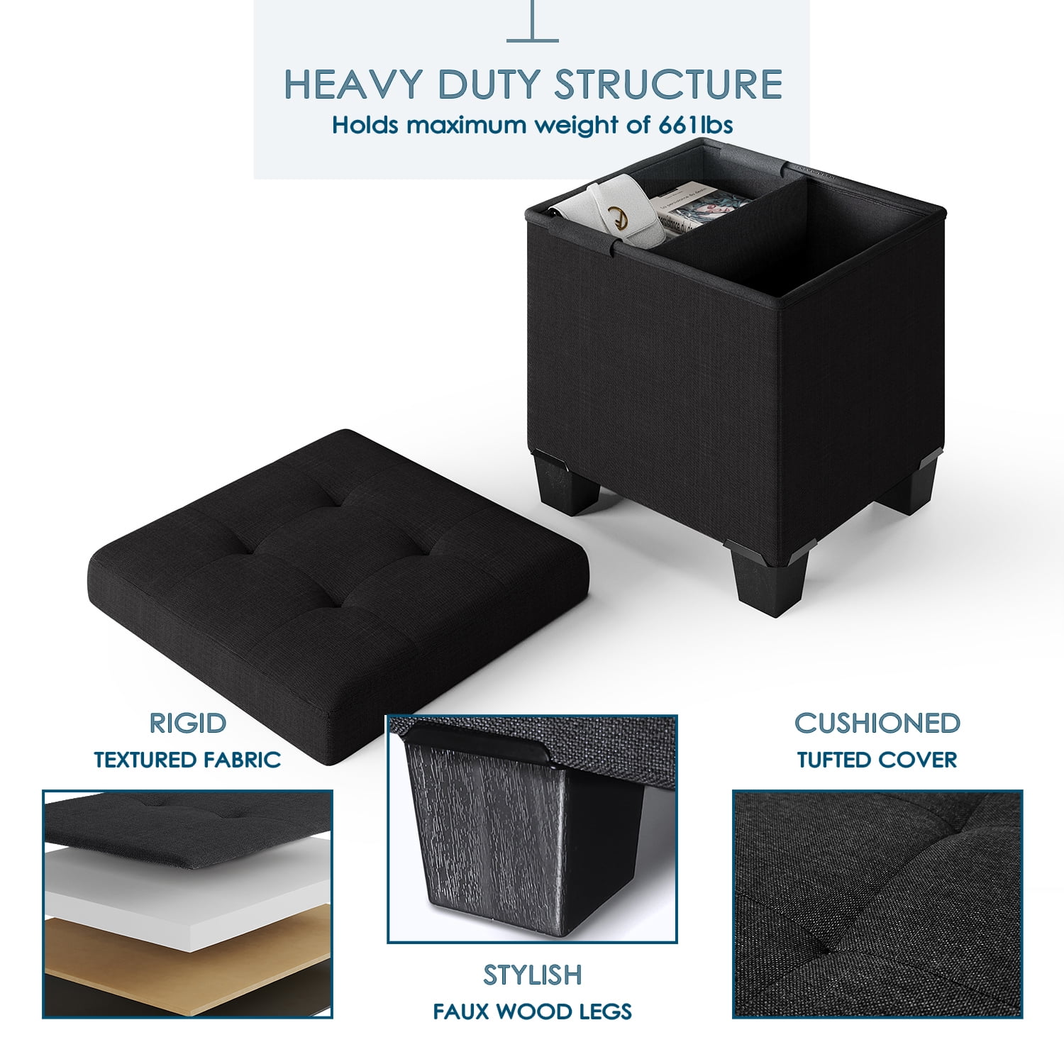 StorageBud Ottoman with Storage Bench, 15-inch Foot Stool Storage Ottoman, Linen, Black