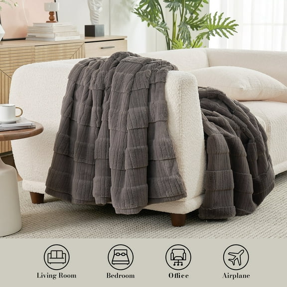 Amelie Home Striped Faux Fur Throw – Soft Fluffy Blanket for Couch or Bed
