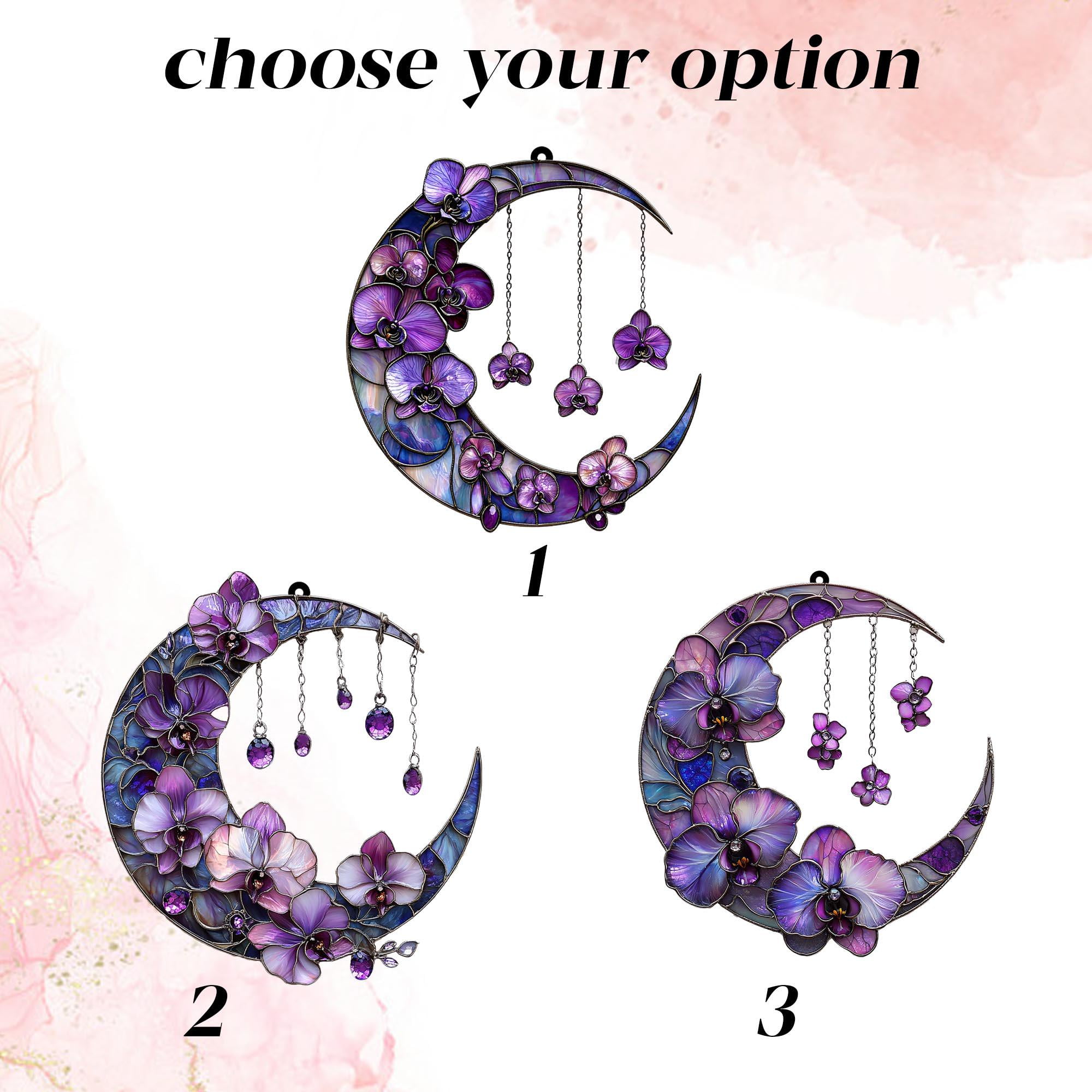 Orchid Flowers Crescent Moon Hologram Crystal Charm Acrylic Window Hanging, Personalized Gift for Orchid Lovers, Gift for Mom 4335590834