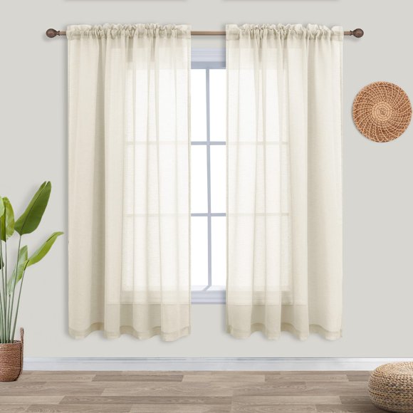 Neutral Linen Look Sheer Curtains 63 Inch Length Pair Set Light Filtering Semi Sheer Window Drapes for Bedroom Living Room Home Office Closet Backdrop Farmhouse Rustic Style Beach 52x63 Long Beige