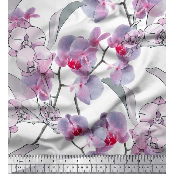 Soimoi Japan Crepe Satin Fabric Leaves & Orchids Flower Print Fabric by The Yard 42 Inch Wide