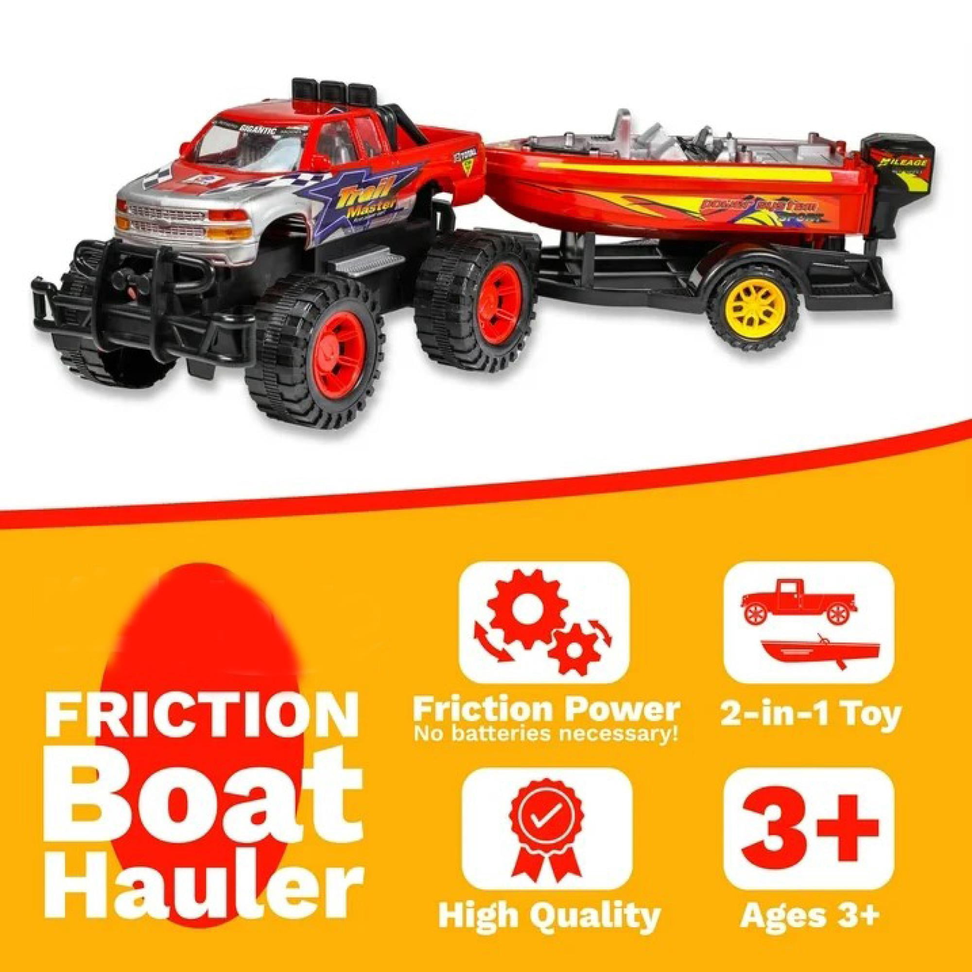 Speed Max King Friction-Powered Toy Truck with Speed Boat & Trailer – Play Vehicle Set