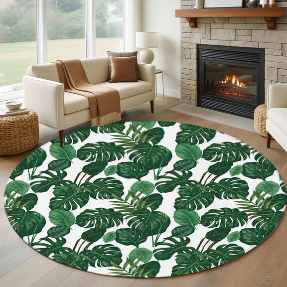 Tropical Palm Leaf Round Area Rug 8Ft Washable Large Circle Rugs for Living Room Dorm, Spring Summer Watercolor Green Plants Non-Slip Carpet Floor Mats Indoor Outdoor Carpet Runner Home Decor