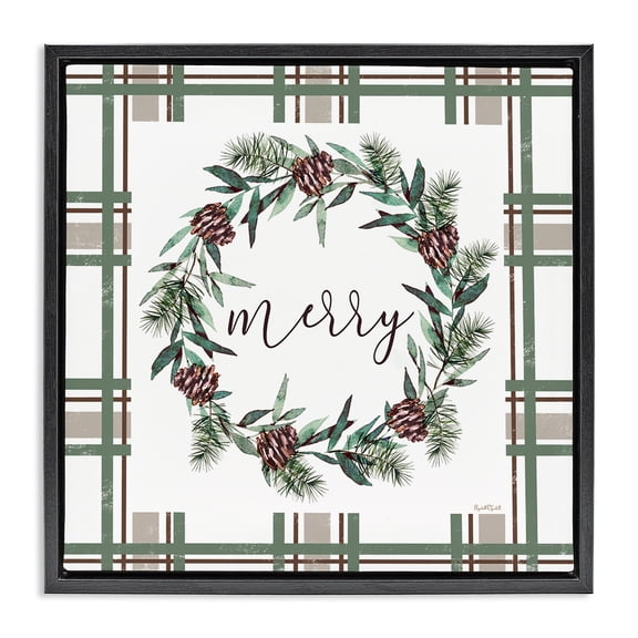 Stupell Industries Merry Wreath on Green Plaid Black Framed Floater Canvas Wall Art design by Elizabeth Tyndall, 18 x 18
