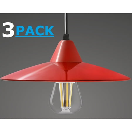 TORCHSTAR 3 Pack 11 Inch LED Pendant Lighting for Kitchen, LED Flush Mount Ceiling Lights, Vintage Metal Factory Ceiling Hanging Light, Red, Bulbs