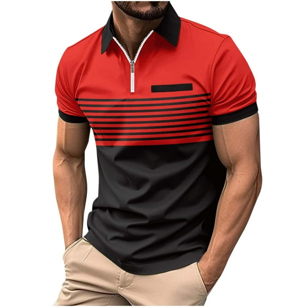 Blusa de Manga Corta de los Hombres de la Moda de la Raya de la Cremallera Del Cuello de Vuelta Superior, Poliéster Versátil Camisa de Ocio para la Primavera Del Verano Al Aire Libre Y Casual