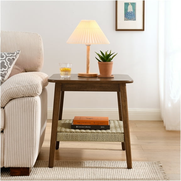 JERFIT Mid-Century Modern Side Table with Woven Rattan Shelf, 23 Inch Small End Table for Bedroom or Living Room, Dark Walnut Nightstand with Storage