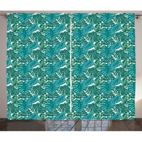 Ambesonne Exotic Curtains 2 Panel Set, Jungle Foliage Tropic Leaves, 108" x 63", Teal Dark Teal