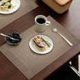 thumbnail image 3 of Howarmer Vinyl Woven Placemats for Dining Table, 12x18 Inch Rectangle Washable PVC Placemats Anti-Slip Heat Resistant Kitchen Table Mats Easy to Clean, Quick Drying - Set of 4, Brown, 3 of 6