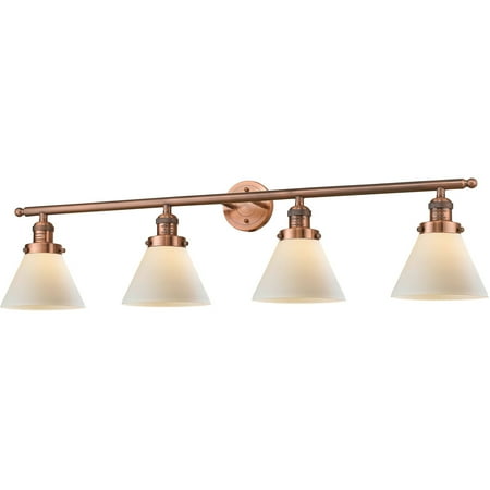 

Antique Copper Tone Bathroom Vanity 44 Wide Matte White Cased Glass Steel/Cast Brass Medium Base LED 4 Light Fixture