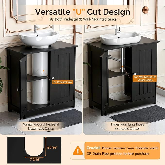 Pedestal Sink Storage Cabinet with 2 Doors Traditional Under Sink Cabinet Bathroom Space Saver Organizer with Adjustable Shelf 23 5/8" W x 11 7/16" D x 23 5/8" H