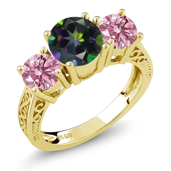 Gem Stone King 18K Yellow Gold Plated Silver Green Mystic Topaz and Pink Lab Grown Diamond Engagement Ring for Women | 2.30 Cttw | Round 7MM | Gemstone November Birthstone | Size 6