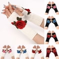 thumbnail image 2 of Opolski 1 Pair Knitted Gloves Fingerless Flower Embroidery Thumb Hole Elegant Stretchy Cold Resistant Soft Autumn Winter Women Writing Gloves for Outdoor White+Blue, 2 of 8