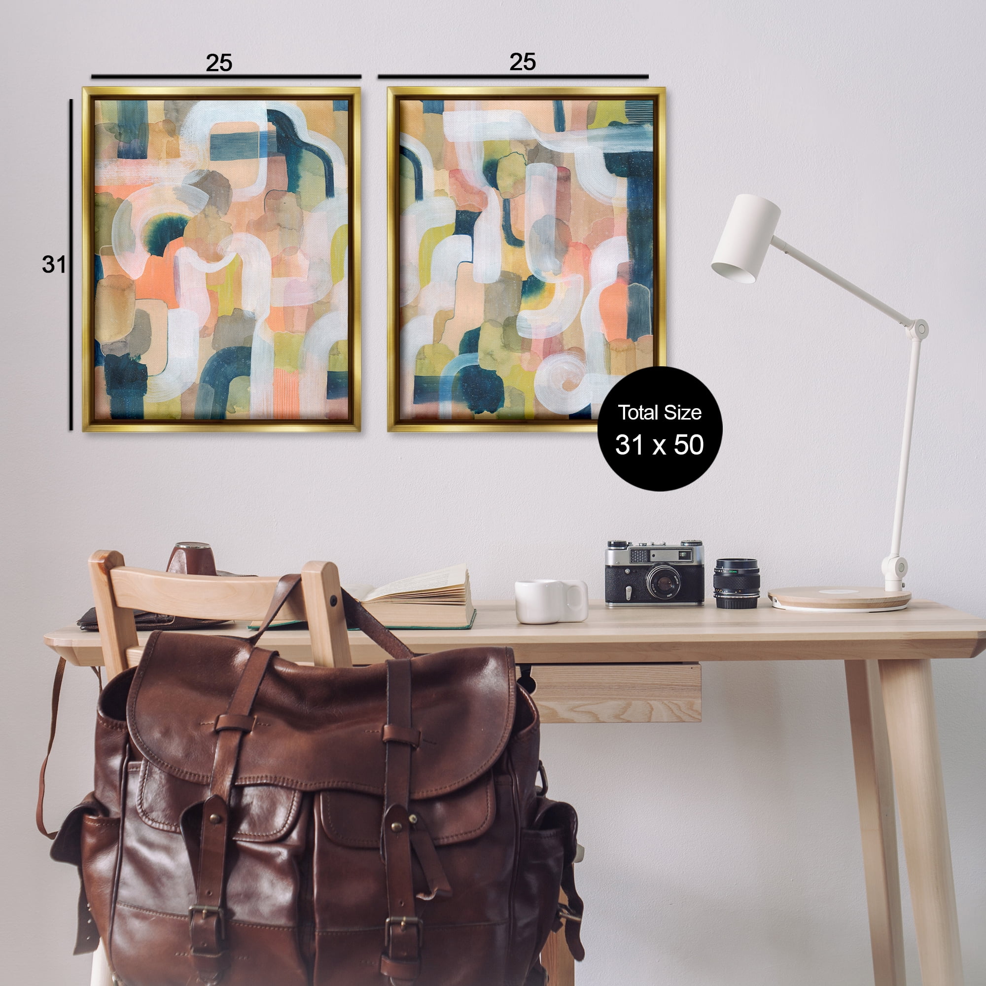 Stupell Industries Curved Retro Abstraction Abstract Painting Gold Floater Framed Canvas Art Print Wall Art, 31 x 25, Set of 2