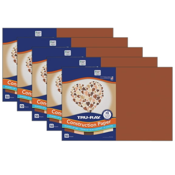 Tru-Ray Shades of Me Construction Paper, Heavyweight, 5 Assorted Skin Tone Colors, 12" x 18", 50 Sheets Per Pack, 5 Packs
