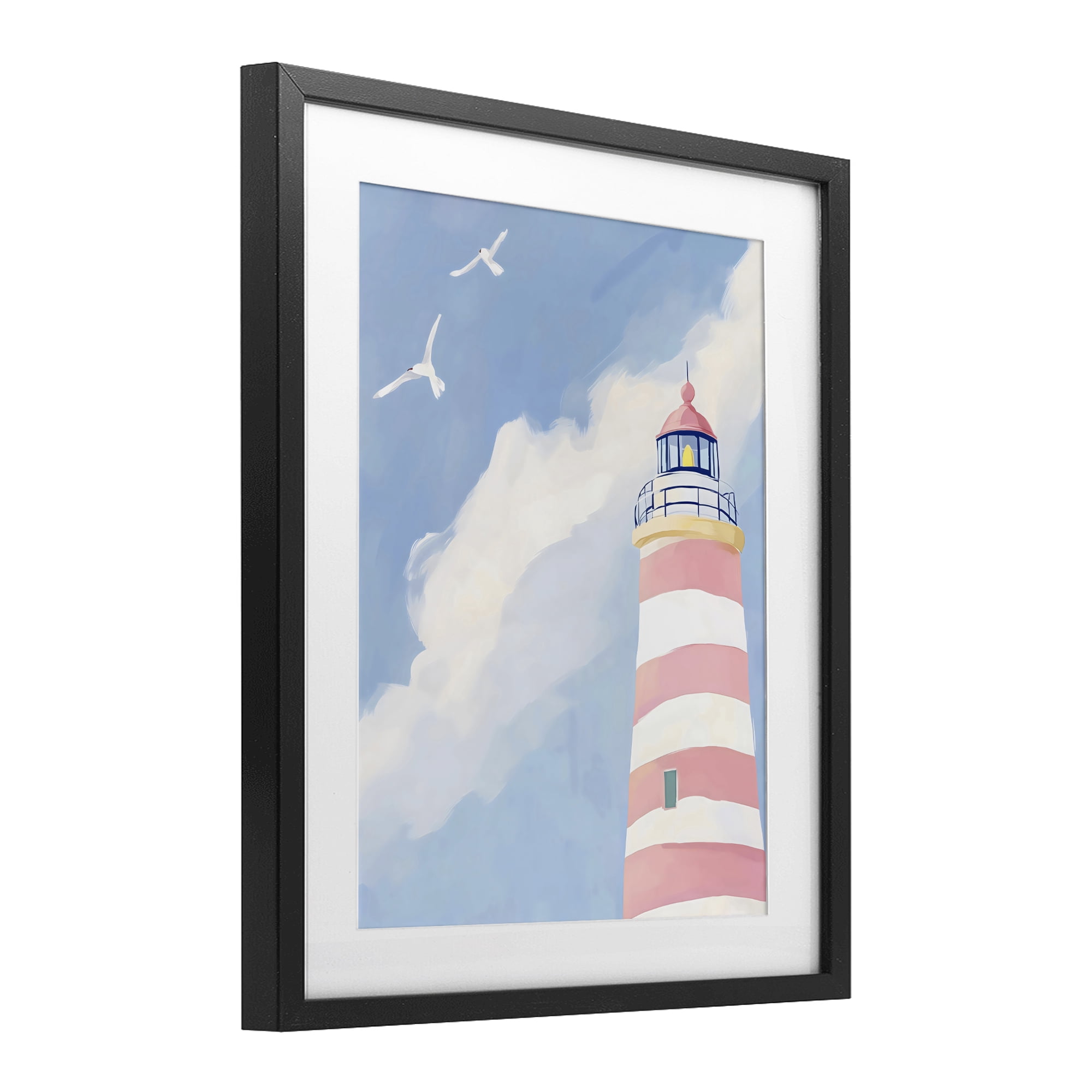Stupell Industries Striped Lighthouse with Seagulls Black Framed Print Under Glass, design by The Prints Vibe