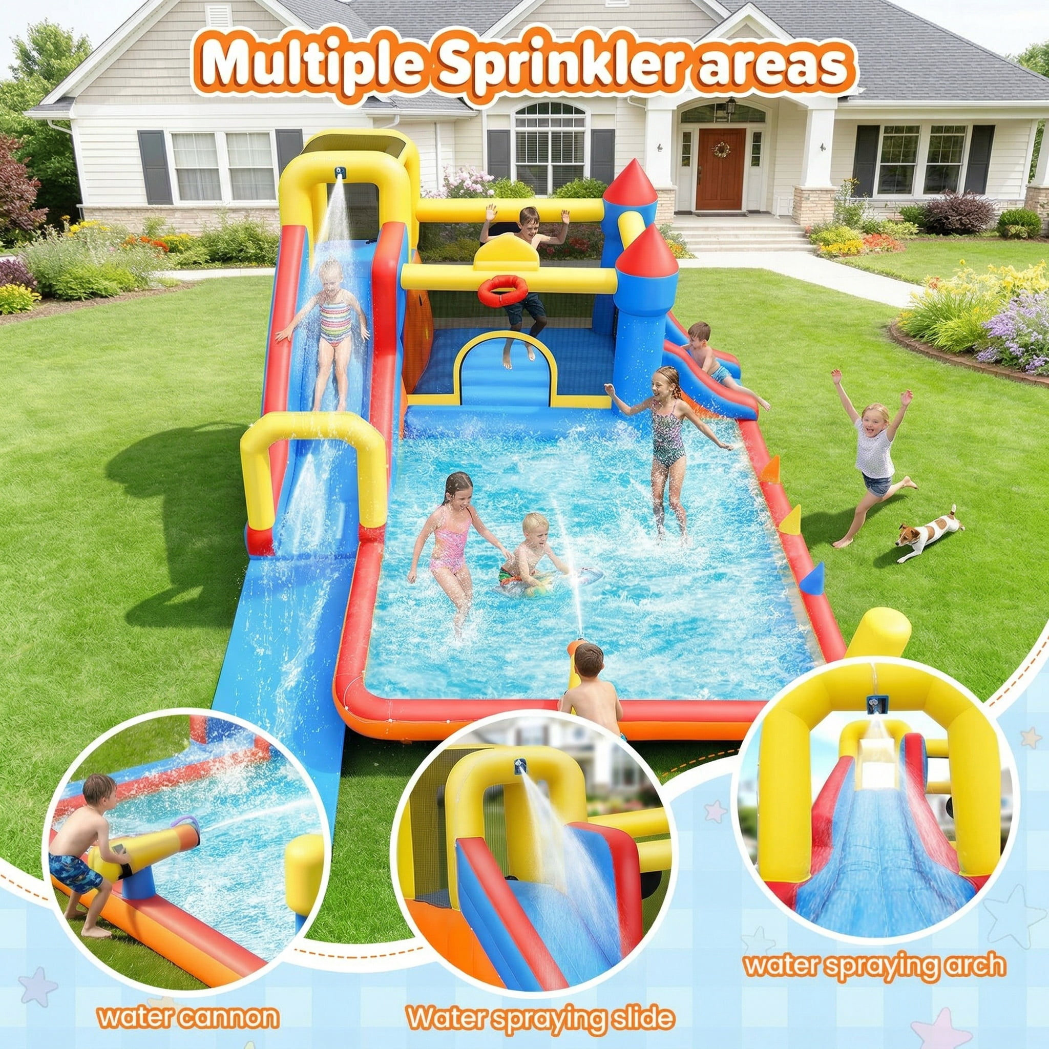 Adnoom Inflatable Water Slide, 12-in-1 Water Park Bounce House for Big Kids, Outdoor Bouncy House with Dual Slides, Big Splash Pool, Water Cannon for Backyard/Party, Jumping Castle with 550W Blower