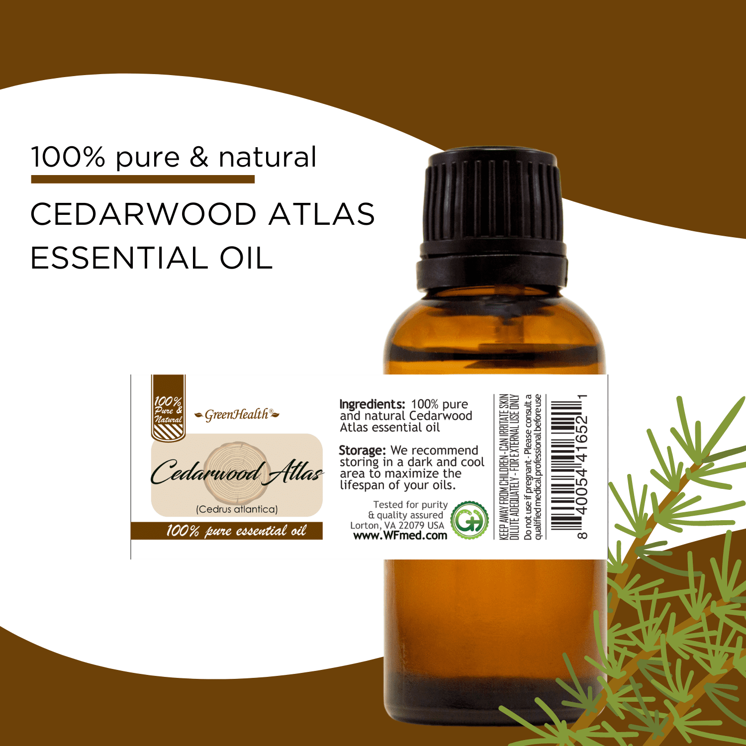 GreenHeath Cedarwood Atlas Essential Oil 16 fl oz Aluminum Bottle with Cap