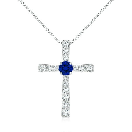 ANGARA Lab Grown 1 Ct Blue Sapphire and Lab Diamond Cross Pendant for Women in 14K White Gold (Size-6mm) | September Birthstone Anniversary Jewelry Gift for Women | Lab-Grown Blue Sapphire Necklace
