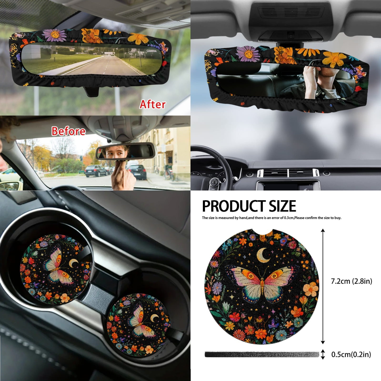 Jeiento Butterfly Car Accessories Sets 14pcs Car Seat Cover Protector Steering Wheel Cover Seatbelt Pads Auto Armrest Cover Trash Bin Rearview Mirror Cover Handbrake Cover Set Coasters Flowers