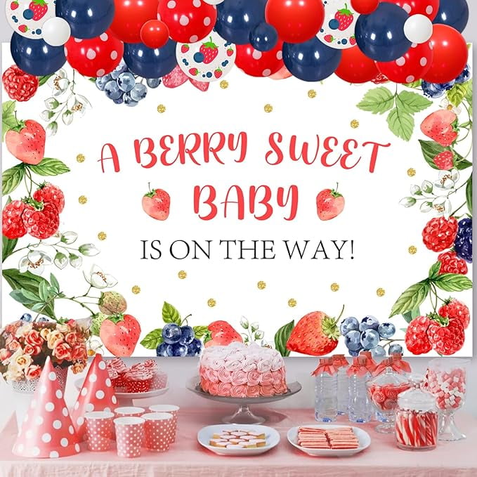 66Pcs Berry Sweet Baby Shower Decorations, Blueberry Strawberry Balloon Garland Arch Kit with a Berry Sweet Baby Is on the Way Backdrop for Girls Fruit Berries Themed Baby Shower Party Supplies