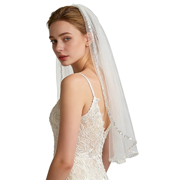 White Wedding Veil – 33.5" Single Layer Bridal Veil, Lightweight Polyester with Beaded Edge, Classic Teardrop Veil for Bride, Elegant Wedding Accessory