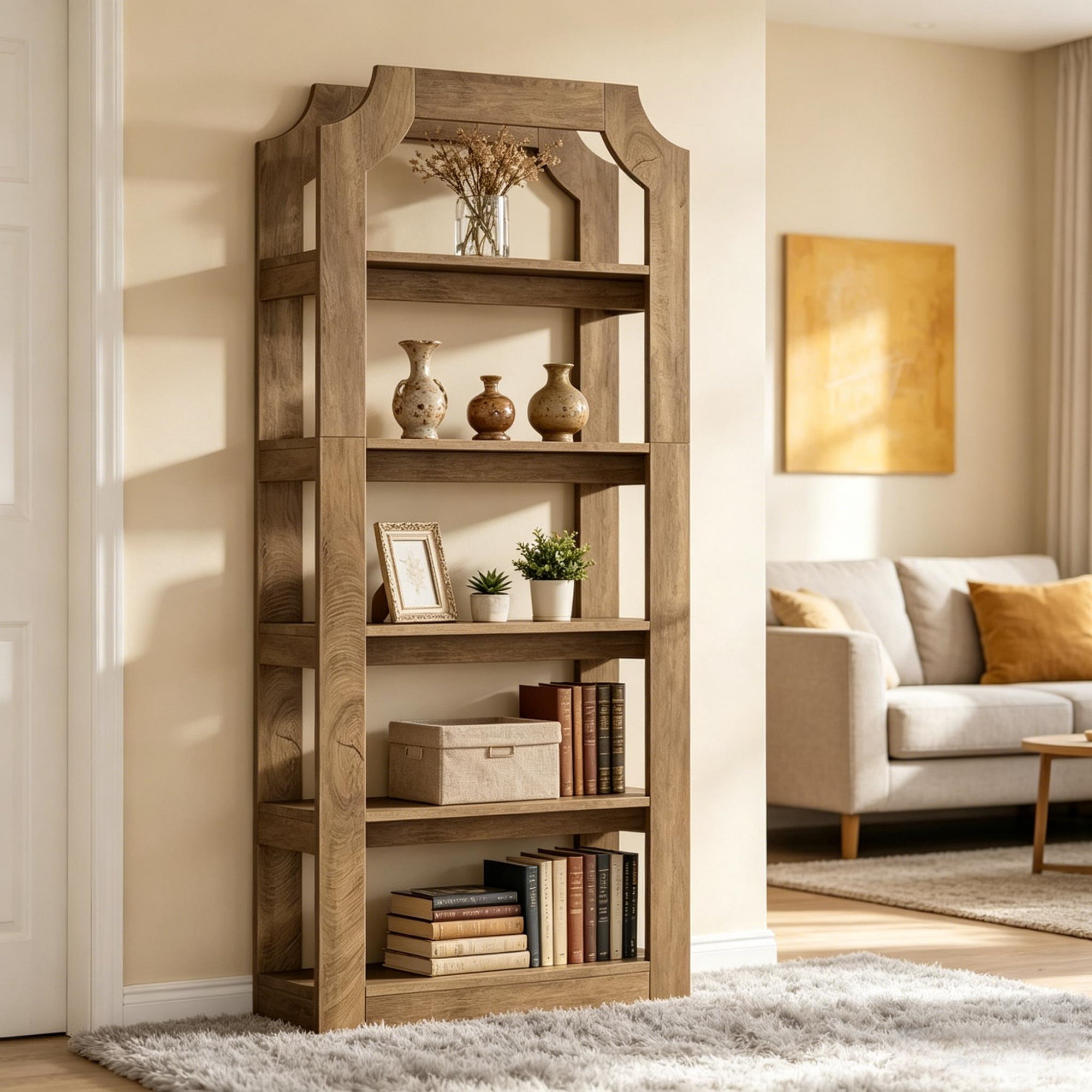 70 in 5-Tier Farmhouse Bookshelf, Rustic Engineered Wood Bookcase with Sturdy Shelves for Living Room, Office, Bedroom