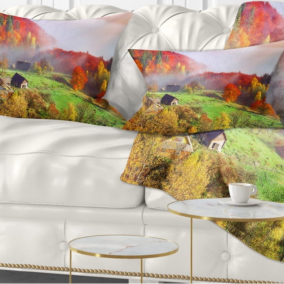 Designart Colorful Mountain Village - Landscape Photo Throw Pillow - 12x20