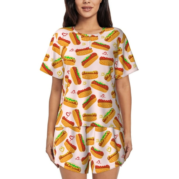 Balery Hot Dog In Heart Conjunto de Pijama para Mujer con Estampado, Dos Piezas de Manga Corta y Shorts, Ropa de Dormir Suave con Cuello Redondo y Bolsillos-Small