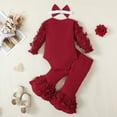 thumbnail image 6 of Zwiiyzr 3-24M 3Pcs Newborn Baby Girl Clothes Ribbed Knitted Long Sleeve Romper Bowknot Bodysuit Flare Bell Bottoms Pants Outfit Set Fall Spring Coming Home Outfit Burgundy, 6 of 9