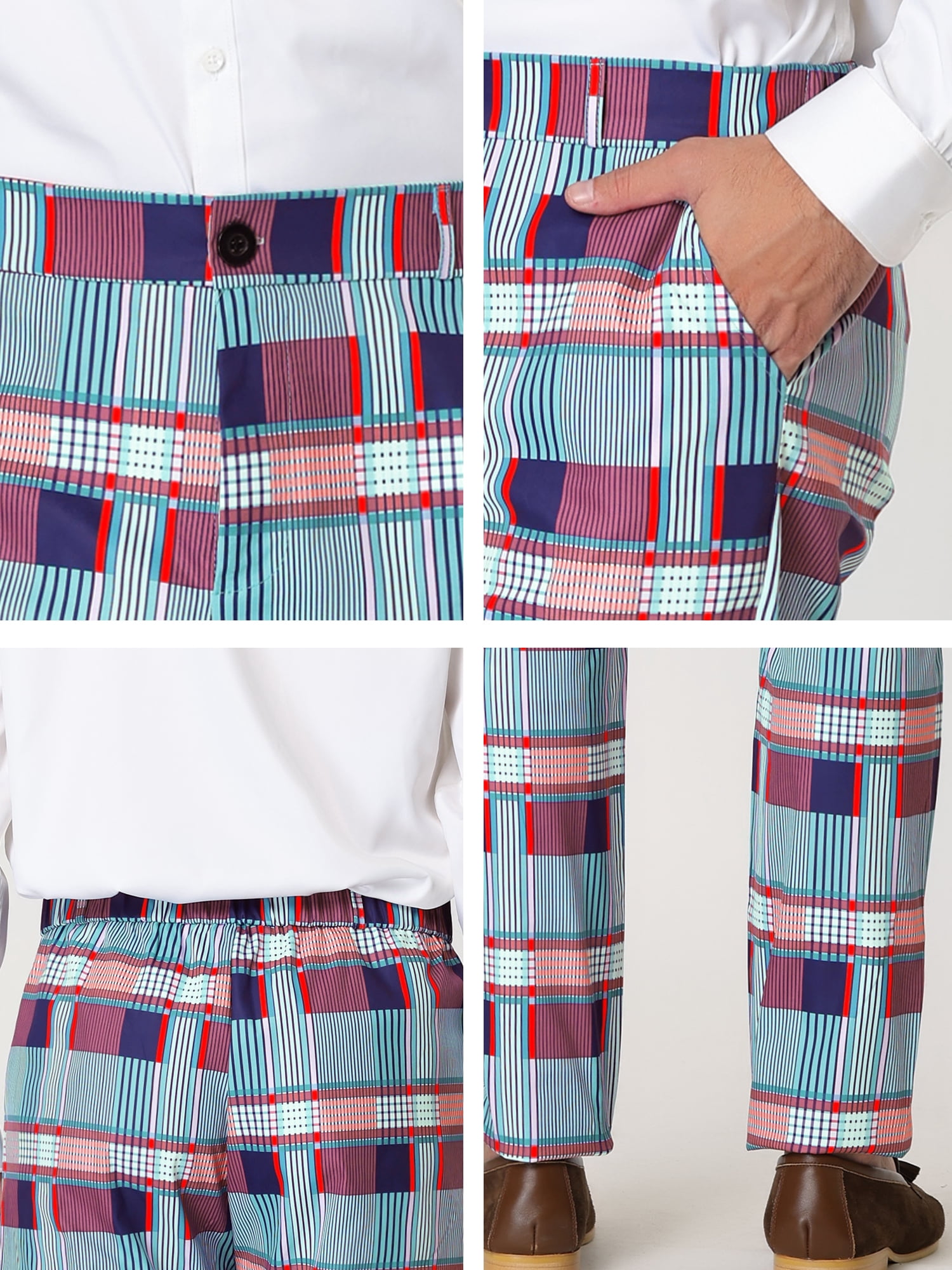 Unique Bargains Men's Plaid Printed Straight Leg Business Casual Checked Pants 34 Multicolor