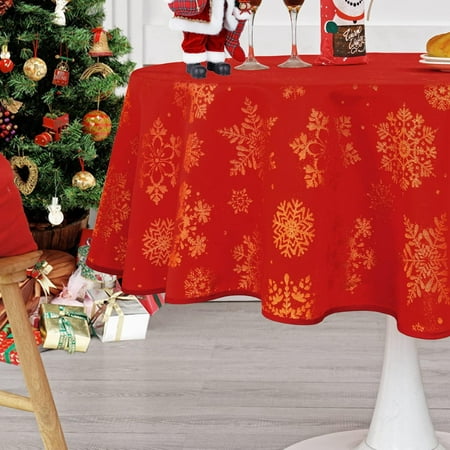 

Jacquard Round Christmas Tablecloth - Xmas Snowflakes Glitz Metallic Fabric Table Cloth Waterproof and Washable Holiday Decorative Table Cover for Party Dining Room Red/Gold 60 Inch