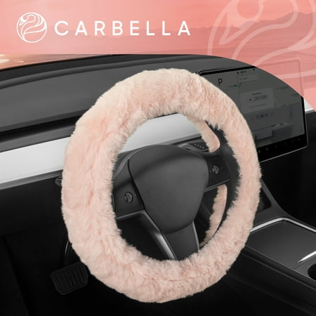 Carbella Soft Pink Faux Fur Steering Wheel Cover for Women, Standard 15 Inch Size Fits Cars Trucks SUV