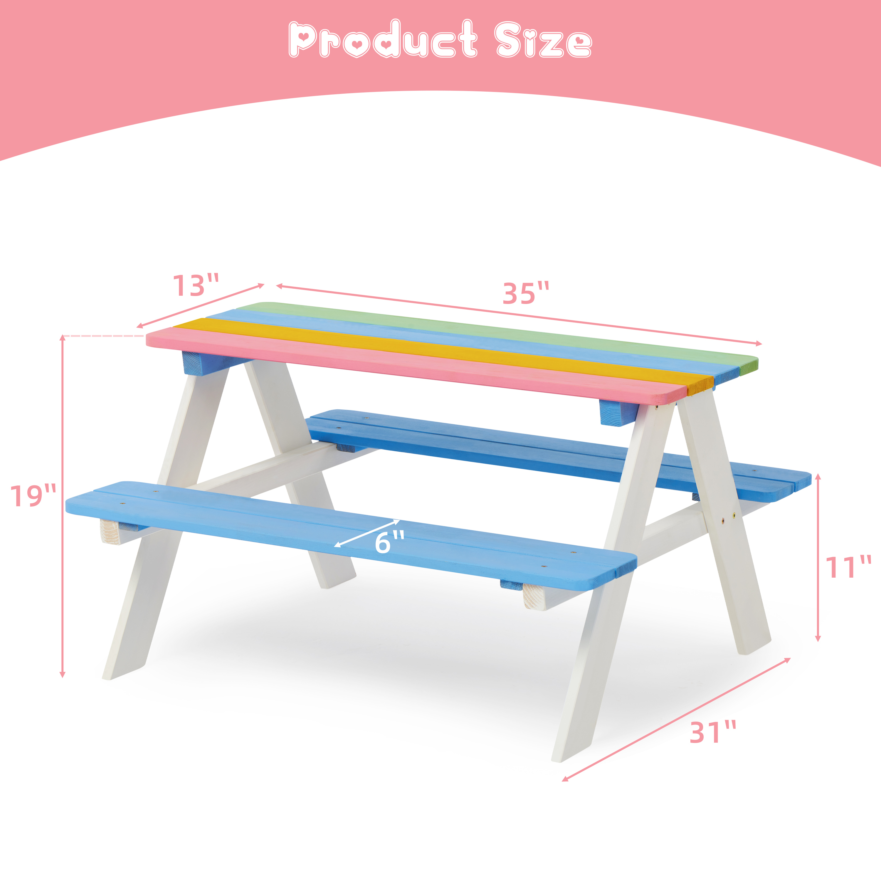 D-road Outdoor Kids Picnic Table & Bench Set, Cedar Wood, Rainbow Color - image 3 of 6
