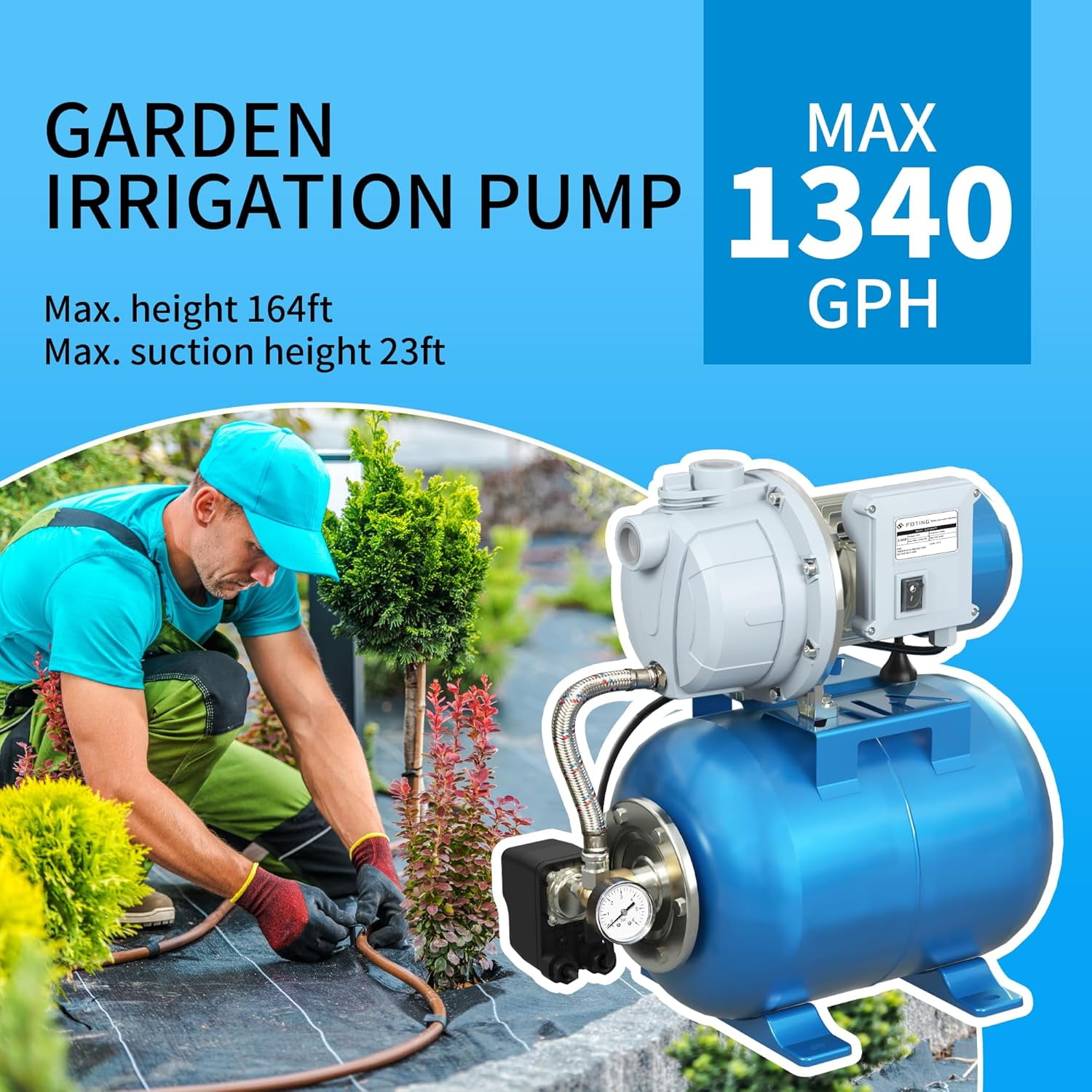 FOTING 1.5HP Shallow Well Pump 1340GPH 164ft Lift 5Gal Pressure Tank Automatic Irrigation Water Booster Jet Pump 115V Blue