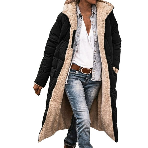 DondPO Puffer Jacket Womens Ladies Fashionable Warm Winter Coat Double Faced Long Sleeve Hooded Down Jacket Winter Jackets for Women Furry Jacket Black L Clearance！