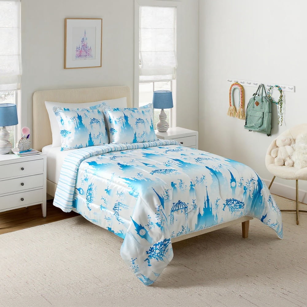 Disney Princess Blue & White Satin and Roped Trim 3 Piece Comforter and Sham Bedding Set, All Ages, Queen