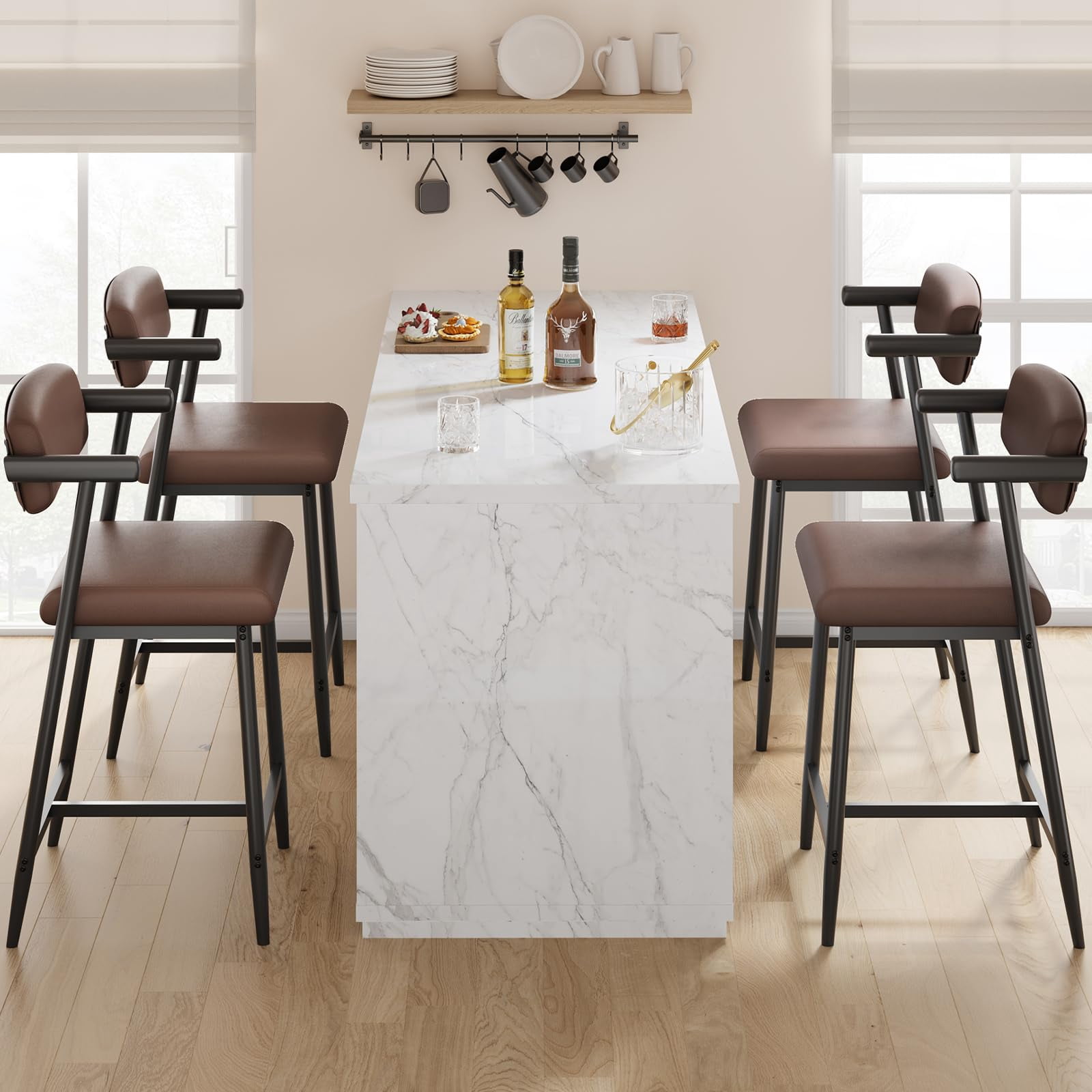 Bar Stools Set of 2, 37 inch Seat Height Bar Stools, Upholstered Barstools with Back and Footrest, Counter Stools for Kitchen Island, Bar Pub