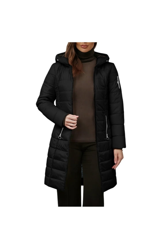 Plus Size S-5XL Long Winter Coats for Women Fleece Lined Warm Puffer Jacket Thicken Hooded Parka Fashion Slim Fit Quilted Outwear with Zipper Pockets Black XXXL