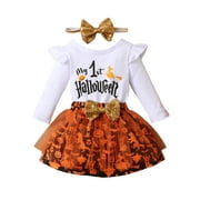 AvoDovA My 1st Halloween Baby Girl Outfit Newborn First Halloween Romper Sequin Tutu Skirt Set Headband 3Pcs