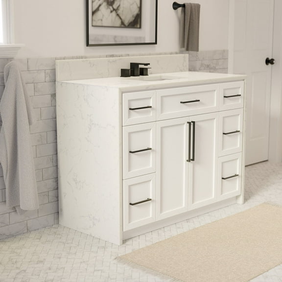 Palisade 48" Bathroom Vanity with White Cabinet and Engineered Marble Top